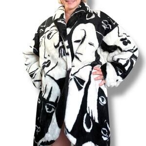 Vintage 80s Donnybrook Faces Black White Faux Fur Coat Oversized Medium Artsy